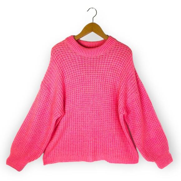 ASOS Women's Design Boxy Balloon Sleeve Pullover Sweater 12 Pink Waffle Knit - Picture 1 of 14